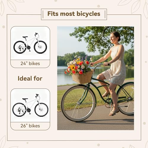 Wicker Bike Basket Front for Adults with Natural Finish and Accessories