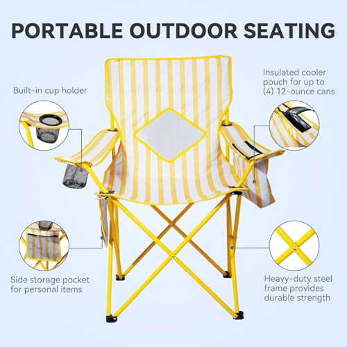 Yellow Folding Camping Chair with Cooler Pouch Mesh Backrest Cup Holder 4 Pack