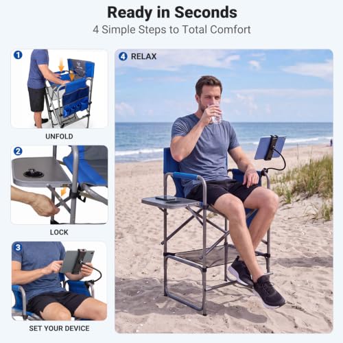Tall Foldable Camping Chair with Tablet Holder and Side Table