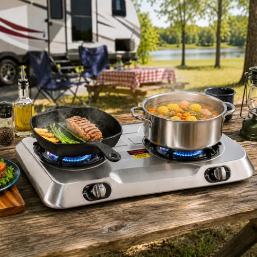 Deluxe Double Burner Propane Stove - 25,516 BTU Outdoor Camping Cooktop with Auto Ignition, Portable Stainless Steel Gas Stove for RV, Tailgating & Camping
