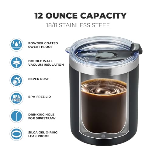12 Pack Stainless Steel Lowball Tumblers with Straw & Lid - Black