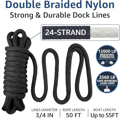 2 Pack Heavy Duty 3/4" x 50ft Nylon Boat Dock Lines with Loops - Marine-Grade Mooring Ropes