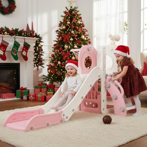 Indoor Toddler Slide 6-in-1 Playset with Basketball Hoop & Storage - Pink-New