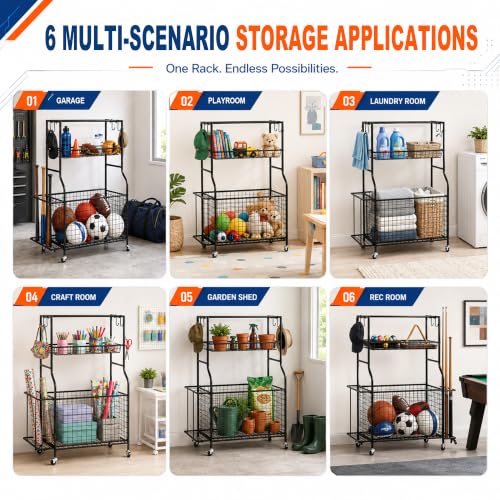 Garage Sports Equipment Storage Rack with Wheels, Ball, Bat, and Toy Organizer