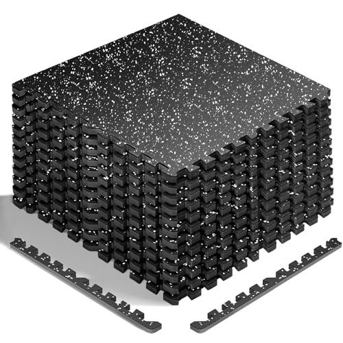12 Tiles Exercise Equipment Mats - Black, 48 Sq Ft, Interlocking Rubber & EVA Foam