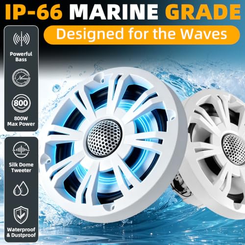 Marine Coaxial Speakers 6.5 Inch Waterproof Boat Speakers with Blue LED Lights - Pair