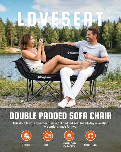 KingCamp Double Camping Chair 2-Person Folding Chair with Cup Holders - Black, 660lbs