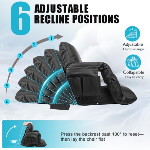 Grey 25in Portable Stadium Seat with Back Support & Cup Holder – Extra Thick Padding, 6 Adjustable Backrest Positions, Lumbar Pillow & Storage Pockets – 1-Pack