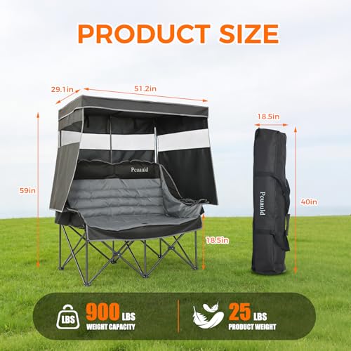 Grey Double Camping Chair with Canopy - Heavy Duty 2 Person Folding Loveseat with Shade & Cup Holders
