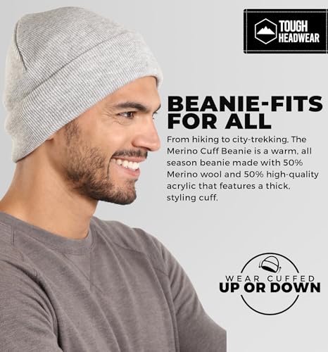 Tough Headwear Merino Wool Beanie - Light Gray One Size Winter Hat for Women & Men