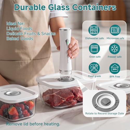 Mehomeli Compact Vacuum Sealer Set with 3 Glass Containers & 30 Bags - Portable Food Preservation Kit