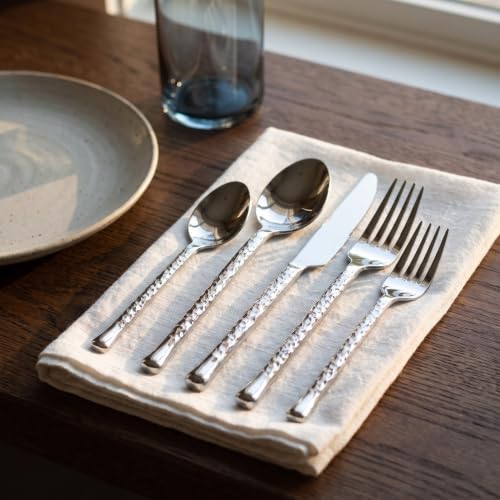 Silver Flatware Set 20pc Hammered Stainless Steel Cutlery - Forged & Durable Variation of This Listing