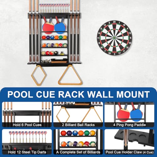 Onemacc 30x3.2x29in Solid Wood Pool Cue Rack & 3-in-1 Billiard, Dart, Table Tennis Storage