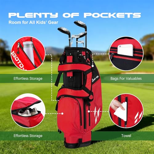 Junior Golf Stand Bag - Youth 28-Inch Lightweight Golf Bag for Ages 9-12, Red Variation