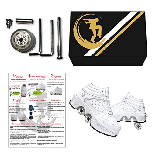 Wedsf White High-Top 2-in-1 Deform Roller Skates with Removable Pulleys, Size 7.5