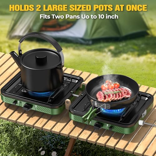 Portable Double Burner Camping Stove with Carrying Bag - 10,000 BTU Foldable Gas Stove