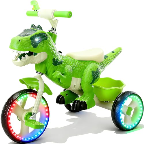 NMM Dinosaur Tricycle for Kids 2-6 Bright Green with Glow Big Wheel, Music, LED Lights, Horn