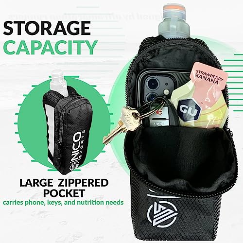 HydroBlast Handheld Water Bottle 12oz for Running with Phone Storage