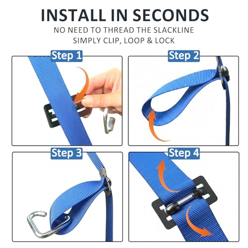 Blue Line Ninja Warrior Obstacle Course Kit for Kids - 8 Obstacles, 2x56ft Slackline Set with Quick-Install Buckles