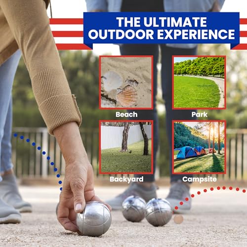 Outdoor Boules Game Set with Flag Design Carrying Case - 8 Petanque Balls for Lawn & Beach Play