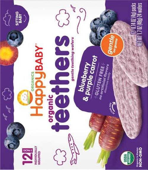 Happy Baby Organic Teething Wafers - Blueberry & Purple Carrot | Soothing Rice Cookies, 0.14 Oz (Box of 12)