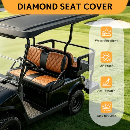 JAOGAUS Custom Fit Golf Cart Seat Covers for EZGO TXT 1994-2013 & RXV 2008-2026, Orange & Black, Front & Rear