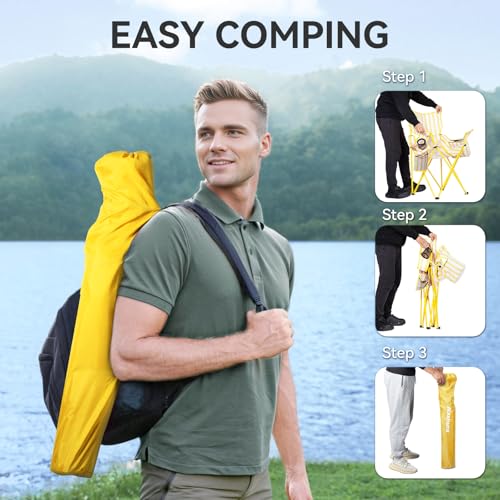 Yellow Folding Camping Chair with Cooler Pouch Mesh Backrest Cup Holder 4 Pack