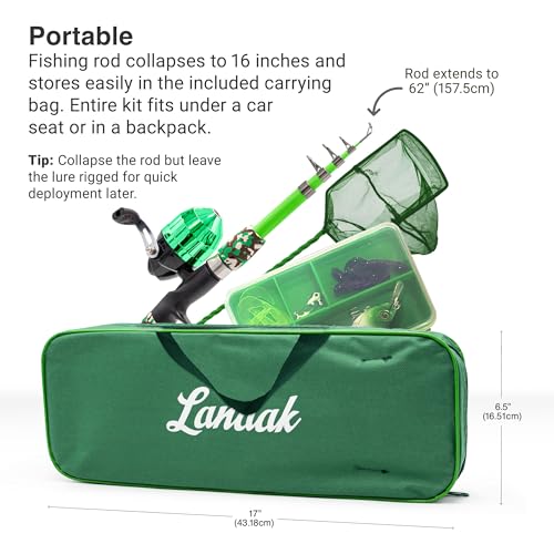 Kids Telescopic Fishing Pole Set - Green, 1.5m, Portable Tackle Kit for Ages 5-10