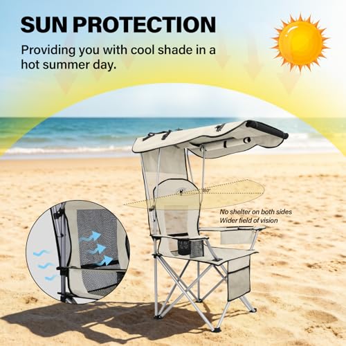 Cream White Camping Chair with Canopy & Cup Holder - Portable Folding Recliner for Adults