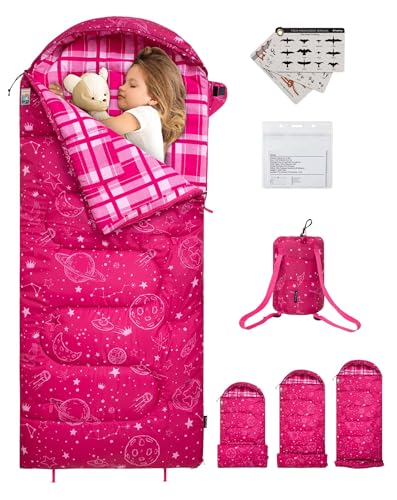 Kids Sleeping Bag RoseRed - 45°F Flannel Child Camping Bed for Ages 10-12