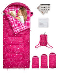 Kids Sleeping Bag RoseRed - 45°F Flannel Child Camping Bed for Ages 10-12