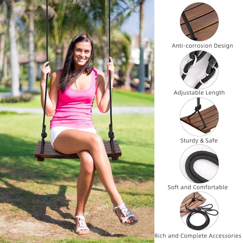 Pelior Brown Wood Swing Seat for Adults & Kids, 23.6 x 9.8 Inch Outdoor Porch & Backyard Play, Waterproof & Heavy-Duty 550 lbs