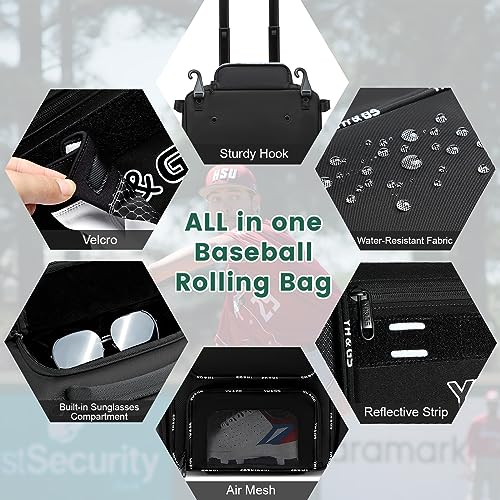 Black Wheeled Baseball Bag with Fence Hook & Shoe Compartment - Lightweight, Large Capacity