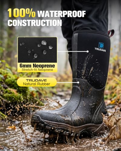 Trudave Waterproof Rubber Boots for Men & Women with Steel Shank - Black, Size 9 Women / 8 Men, Insulated & Anti-Slip Outdoor Work & Hunting Footwear