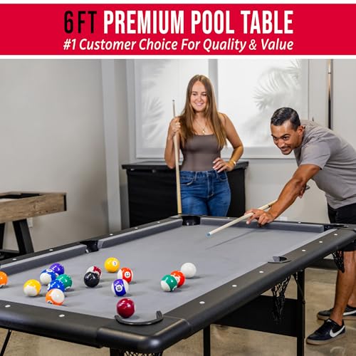 GoSports 6 Ft Foldable Pool Table with Accessories - Black Frame & Gray Felt, Portable Billiards Game