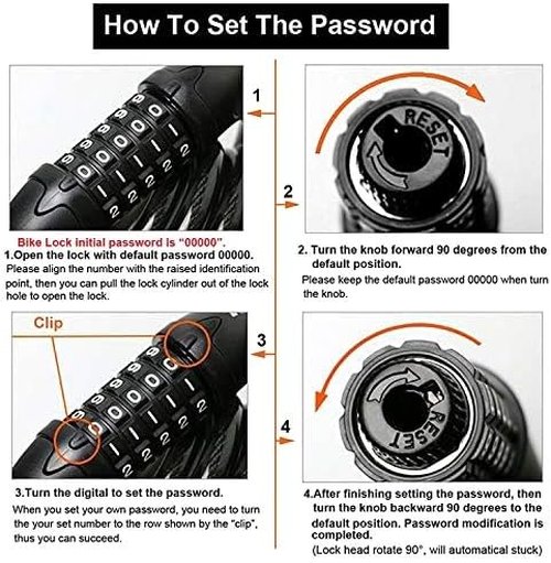 1M Bicycle Chain Heavy Duty 5 Digit Lock Combination Code Thick Bike Chain Motorbike Lock (Black)