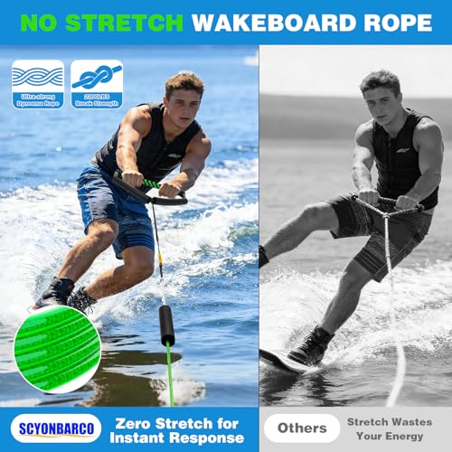 Green 75FT No Stretch Dyneema Wakeboard Rope & Handle - Adjustable Water Ski Tow Line