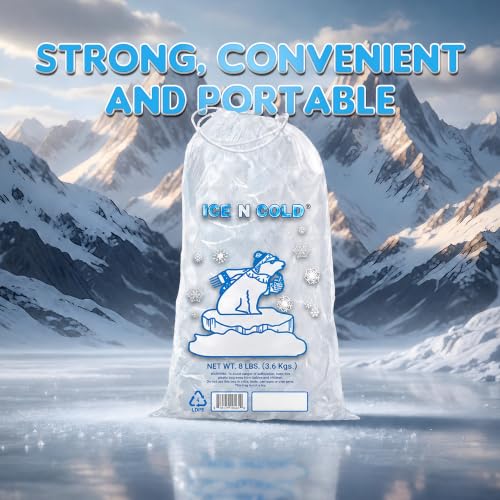 ICE N COLD 8lb Ice Bags (400 ct) with Cotton String, Food Grade, Reusable