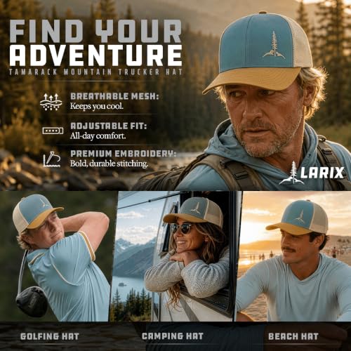 Larix Tamarack Mountain Mesh Snapback Trucker Hat Men Light Blue Amber Gold Beige - 2