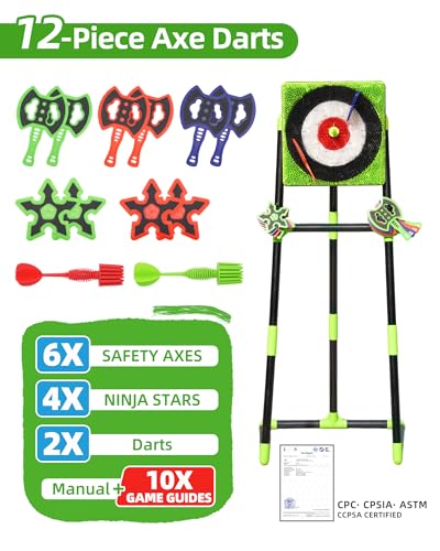 Tailbb Green Axe Throwing Game Set with Bristle Target & 12 Axes for Indoor Outdoor Fun