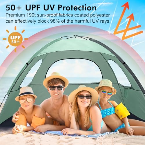 Mint Green Portable Beach Tent for 3-4 People Anti-UV Sun Shade Shelter