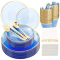 Blue Gold Rim Disposable Dinnerware Set - 175 Pcs for 25 Guests - Hammered Pattern