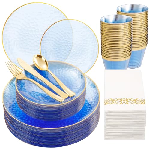 Blue Gold Rim Disposable Dinnerware Set - 175 Pcs for 25 Guests - Hammered Pattern