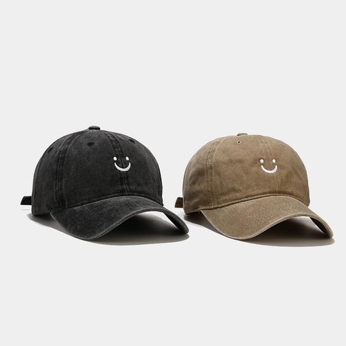 Tefelory Cute Smile Face Baseball Cap for Women Men Adjustable Vintage Washed Cotton Low Profile Dad Hat Black