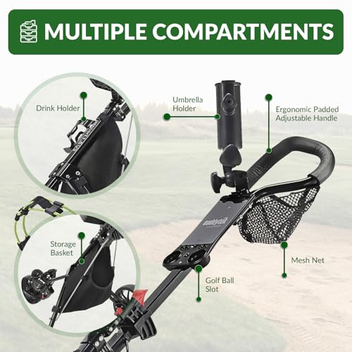Lime Golf Push Cart - Lightweight Aluminum 3-Wheel Foldable Caddy with Accessories