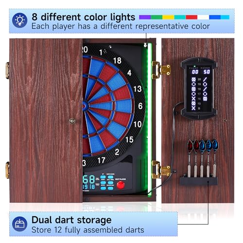 Electronic Dart Board with Wooden Cabinet, 45 Games, LED Score & Voice Prompts