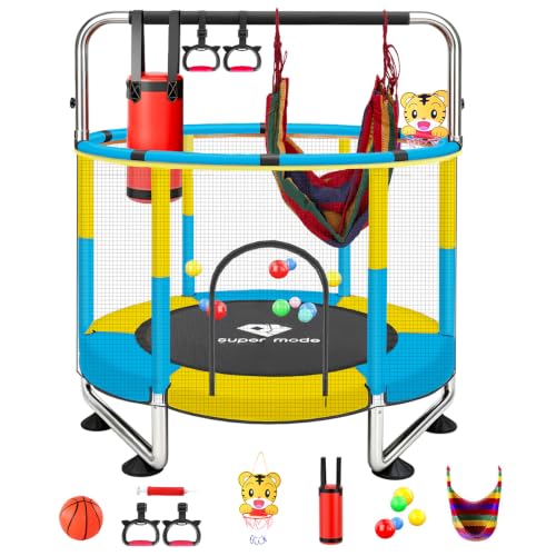 PY SUPER MODE 55-Inch Kids Indoor & Outdoor Trampoline with Enclosure, Adjustable Gymnastics Bar & Toys (Blue & Yellow, 55")