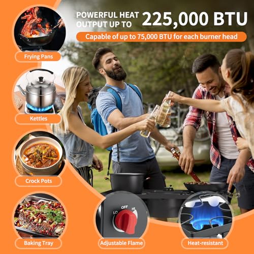ADREAK 3 Burner Propane Gas Stove - Outdoor Camping Stove with Detachable Legs