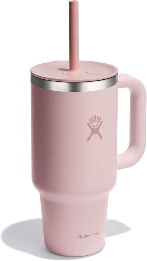 Hydro Flask Travel Tumbler - Insulated Stainless Steel with Handle, Lid & Straw | 32 Oz Tonal Trillium Pink