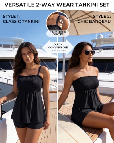 Yonique Black XX-Large Strapless Flowy Bandeau Tankini & Shorts Swimsuit Set